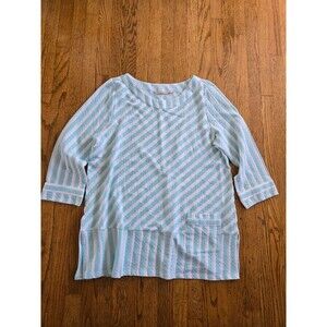 Soft Surroundings Aqua White Stripe Tunic Top Womens Large 3/4 Sleeve Cotton